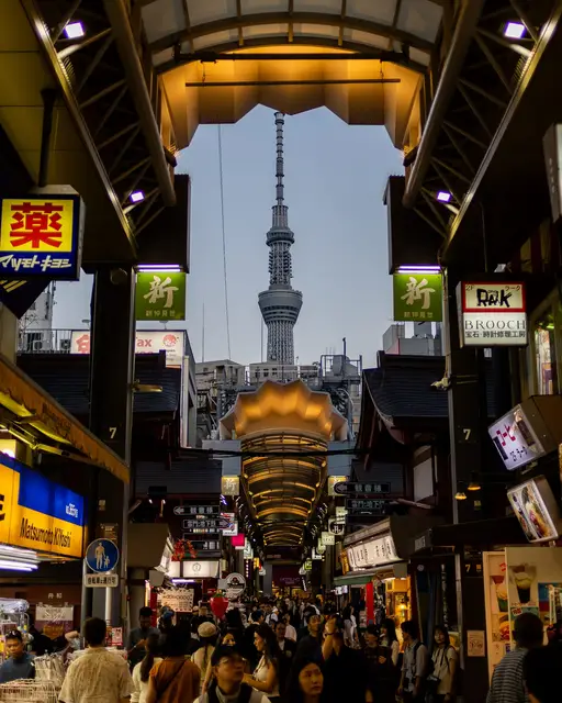 浅草の商店街アーケードの先にのぞく東京スカイツリー