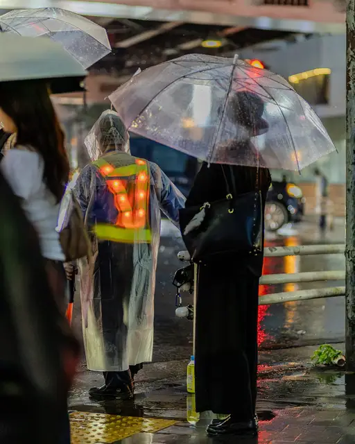 傘をさして雨の麻布十番を歩く参加者